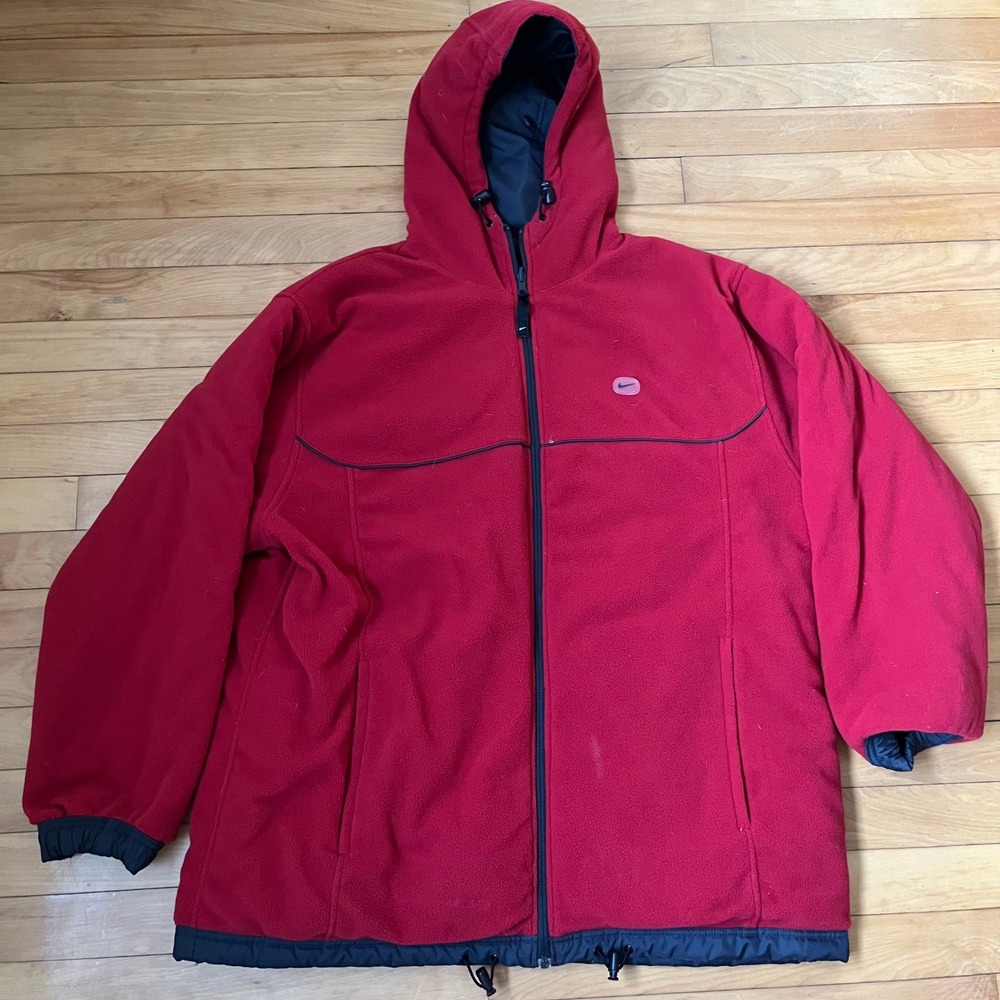 Nike Mens Full Zip Fleece Hooded Jacket Red Black Reversible XL